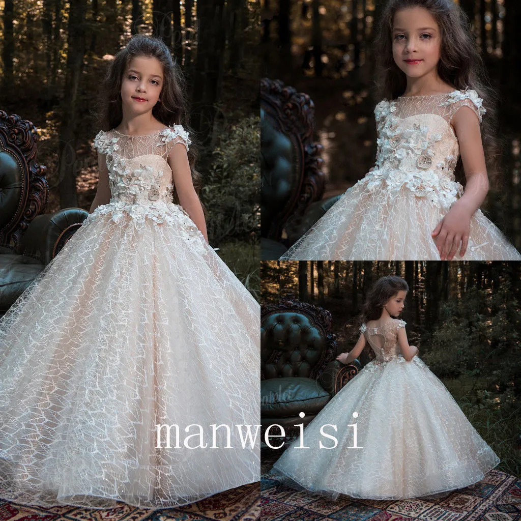 Blomma tjejer klänningar för bröllop juvel flickor pageant klänningar spets applique organza ruffles långa tjej prinsessan elfenben fest klänningar