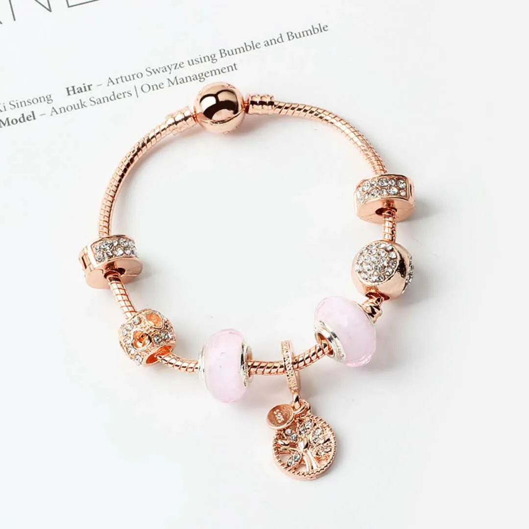 Venta al por mayor-estilo perlas sueltas árbol de la vida colgante brazalete oro rosa encanto pulsera niña mujer regalo DIY accesorios de joyería
