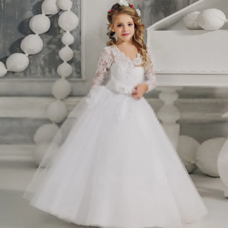 2020 Beach Flower Girl Dresses White Ivory Boho First Communion Dress For Little Girl Long Sleeve Kids Wedding Dress