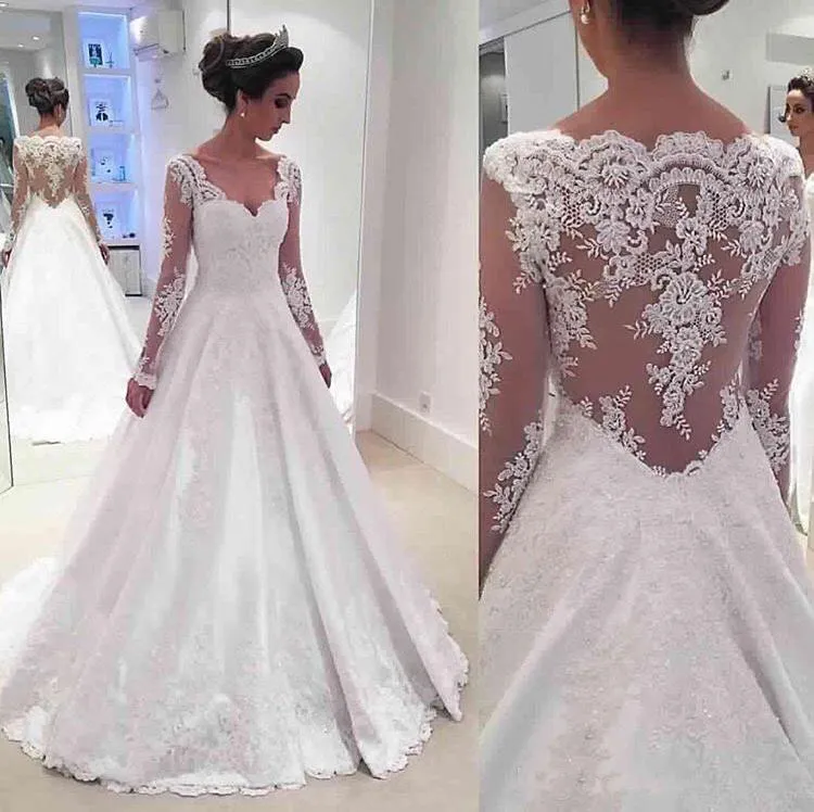 Vestidos de Noiva Linha A de Cetim Rendas Aplicadas Manga Longa Costas Ilusão Vestidos de Noiva Modesto Vestido De Novia