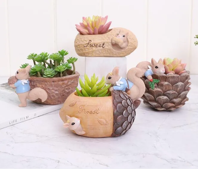 Vasos de desenhos animados criativos bonito pequeno animal esquilo fleshy flor potenciômetro individual resina de jardim micro-paisagem potes plantando