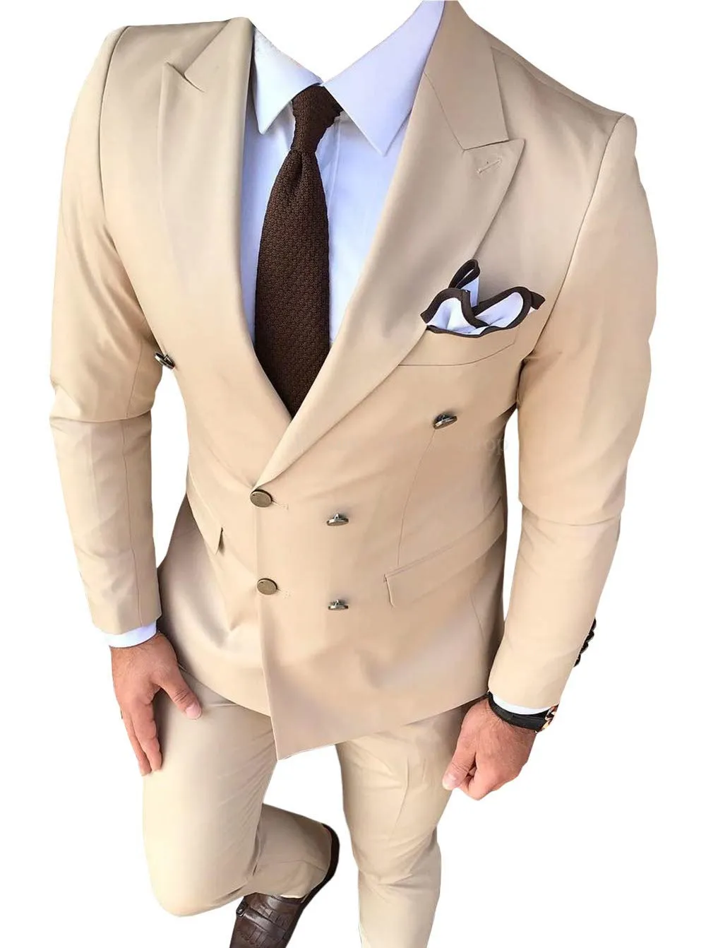 Podwójna Breasted Blue / Beige / Wine / Gray / Red Groom Tuxedos Peak Lapel Mężczyźni Garnitury 2 Sztuki Wedding / Prom / Dinner Blazer (Kurtka + Spodnie + Krawat) W914