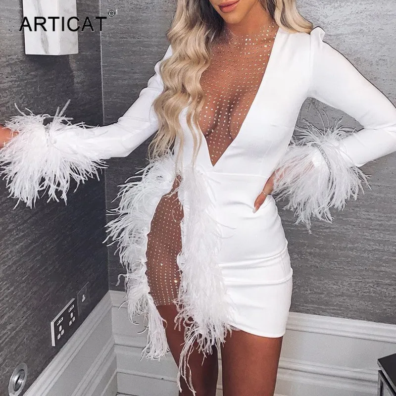 Casual Dresses Sexy See Through Sequin Mesh Patchwork Women Deep V White Feather Mini Party Dress Ladies Nightclub Vestidos