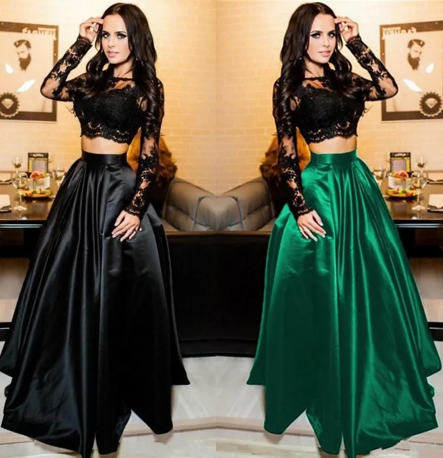 Sexy Sweety Two Pieces Arabic Evening Dresses Ball Lace Long Sleeve Black Plus Size Saudi African Prom Party Women Gowns Formal Wear HY4148