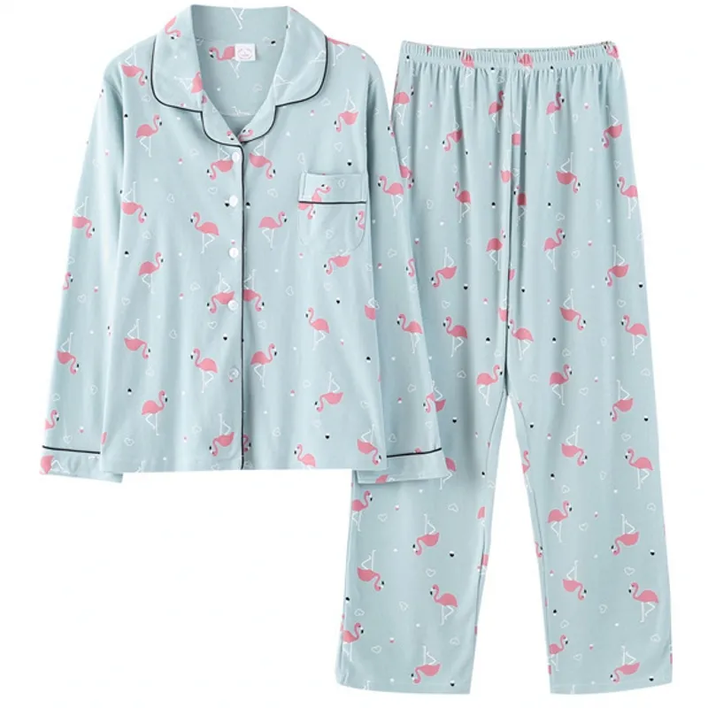 Stampa Flamingo Primavera 2019 Pigiama allentato Donna Ragazza Homewear Set Manica lunga Elastico in vita Pantaloni Pigiama da salotto in cotone S86907