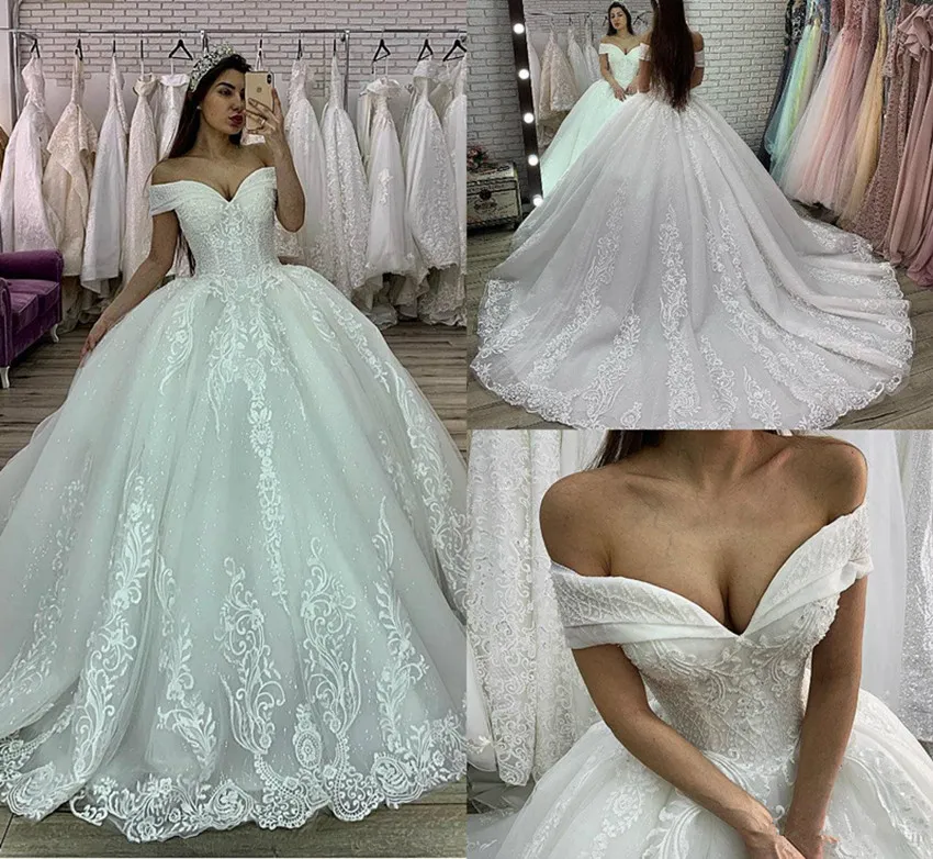 2020 luxe robe de bal robes de mariage avec jupon appliques sur l'épaule plage robe de mariée paillettes dentelle plus la taille robe de mariée 4490