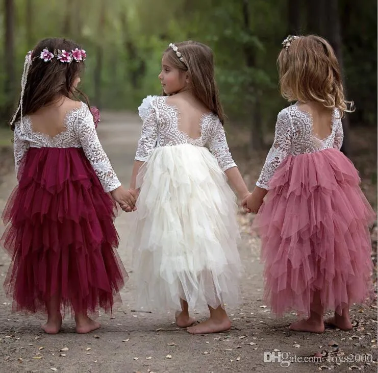 Verão Princesa Backless oco Lace Crianças Tutu vestidos da menina de flores para festa de casamento Europa e América roupa dos miúdos