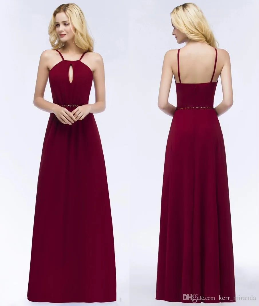 Real Made Burgundy Chiffon Bridesmaid Dresses A-line Halter Neck Backless Wedding Guest Prom Evening Gowns DH4243