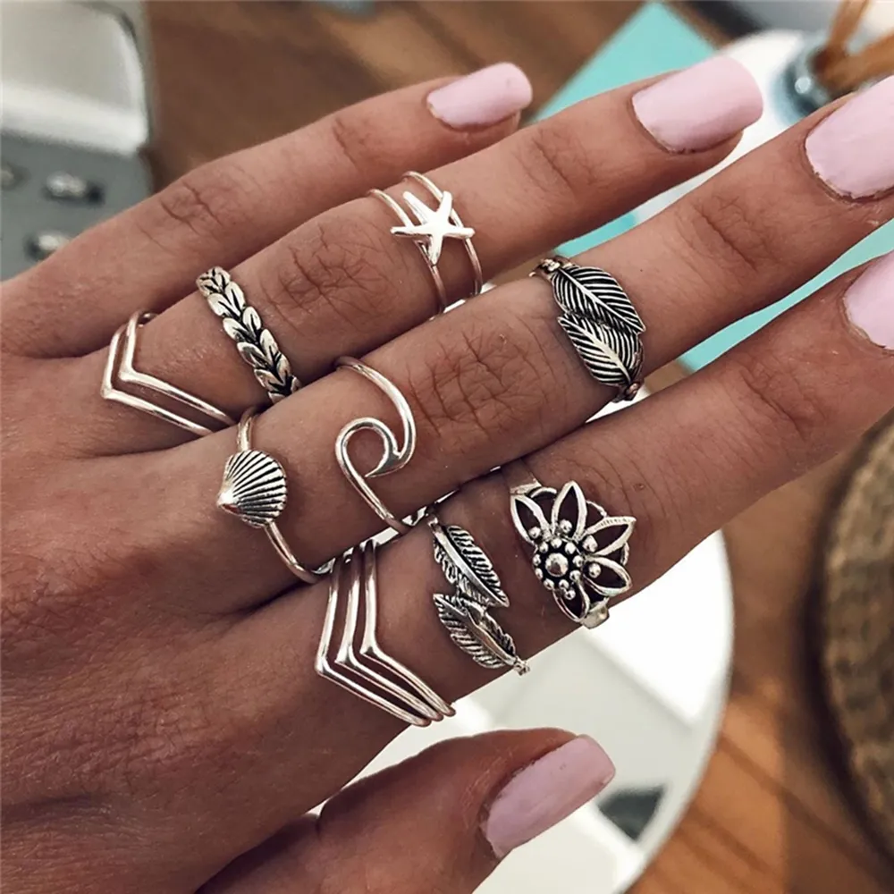 US Warehouse Boho Style Finger Ring Set - Gold Silver Retro Shell -Shaped Joint Knuckle Nail Statement Ring Set voor vrouwelijke meisjes