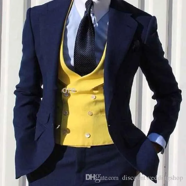 Wysokiej jakości Groom Tuxedos Navy Bluean Work Business Garnitur Prom Party Dress Płaszcz Wasitcoat Spodnie Zestaw (Kurtka + Spodnie + Kamizelka + Krawat) J335