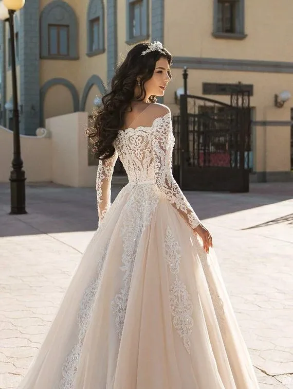 Off Shoulder Lace Long Sleeve Wedding Dresses With Corset