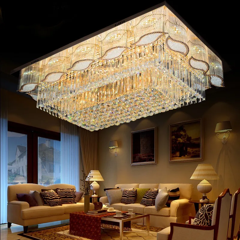 luxurious Hotel Living room Villa Rectangle 3 Brightness Gold K9 Crystal Ceiling light Chandelier Band LED Light bulb Remote control