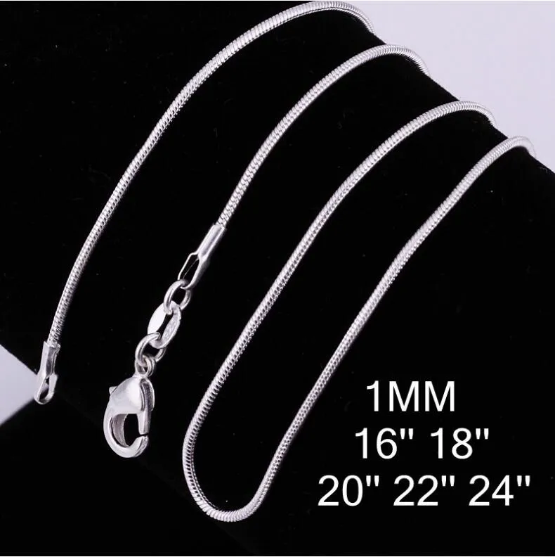 New 925 sterling silver Plated 1MM snake chain for women size 16 to 24inch DC08 Hot 925 silver plate Lobster Clasps Smooth Chains Necklace