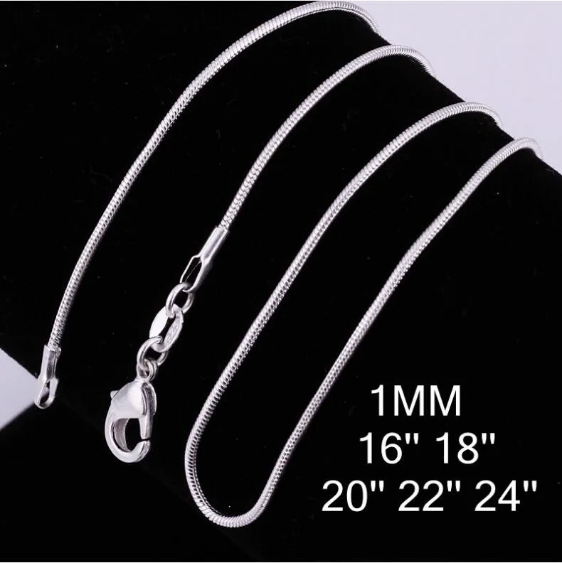 Ny 925 Sterling Silver Plated 1mm Snake Chain för kvinnor Storlek 16 till 24inch DC08 Hot 925 Silver Plate Hummer Clasps Släta Kedjor Halsband