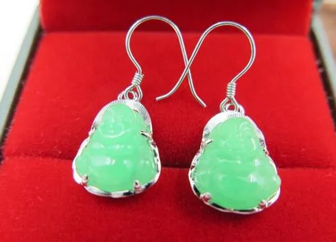 FREE shipping> >>>925 Sterling gem (Jadeite) Dangle Earrings /Lucky Buddha Earring