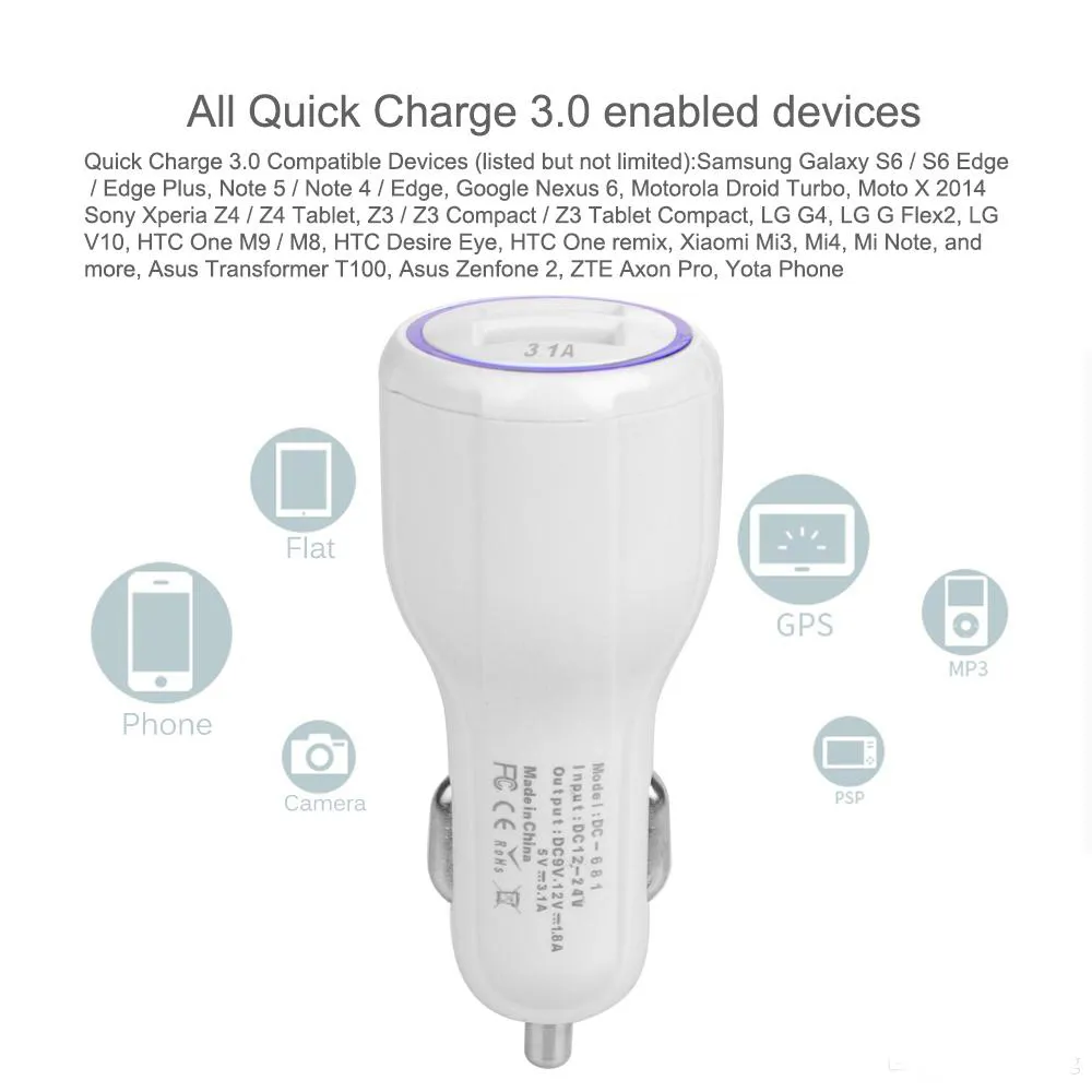 자동차 충전기 QC3.0 Quick Charger Qualcomm QC 3.0 듀얼 2 USB 포트 빠른 자동차 충전기 충전 CE FCC ROHS Samsung Huawei Tablet 용 인증