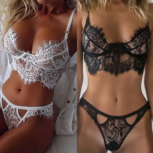 Bra Set Womens Sexy Lingerie Lace Mesh Hole V Neck Hollow G String