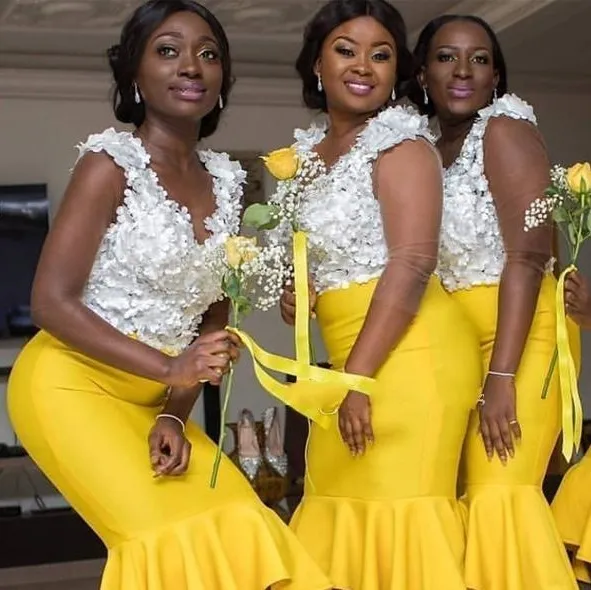 2021 Novos Vestidos De Dama De Honra Amarelo Sereia 3d Rendas