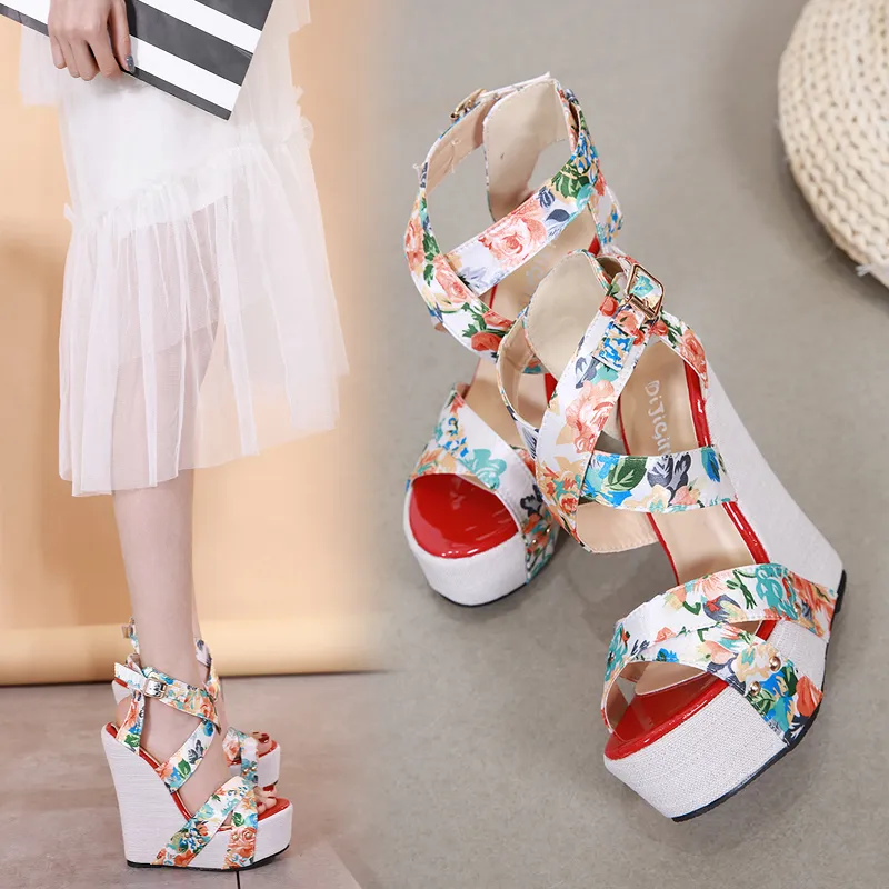 15cm Sexy Floral Printed Cross Strappy Platform Wedge Hoge Hakken Designer Sandals Maat 35 tot 40