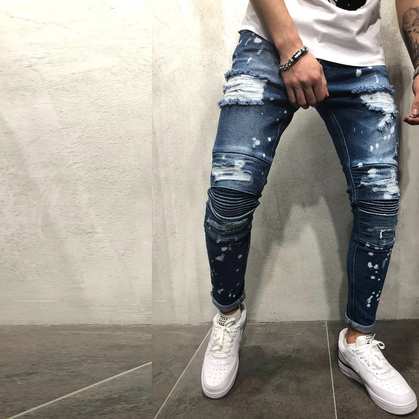 Blauw Beschadigd Skinny Fit Denim Jeans Street Mode Jeans Motorcycle Biker Jean Causaal GAT Broek Streetwear Heren Trouser217a