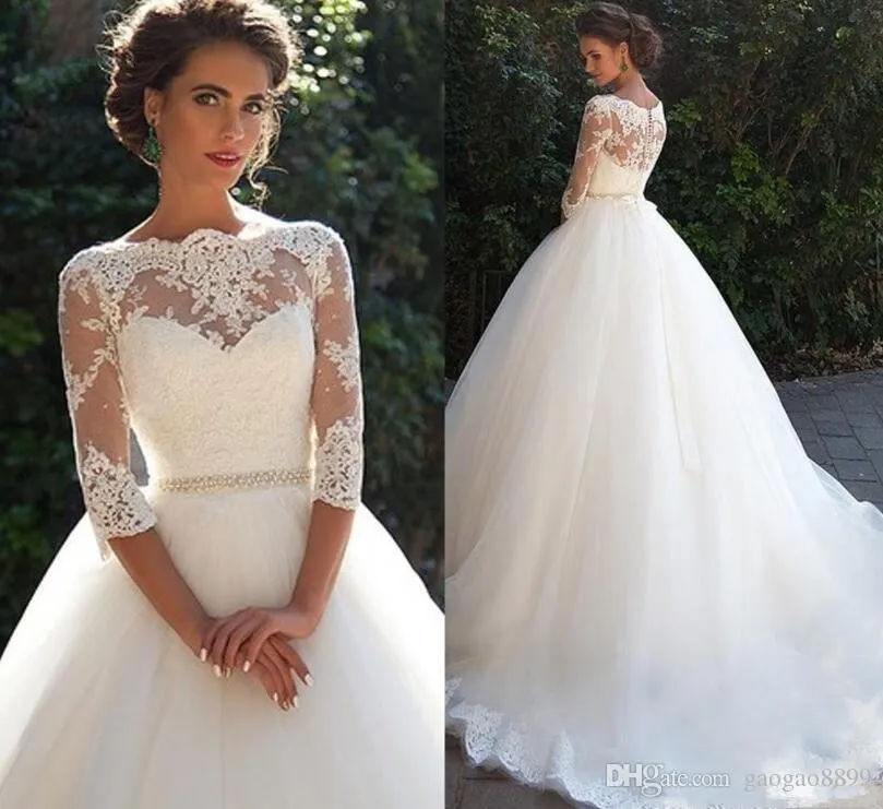 Vintage kant A-lijn Trouwjurken Sheer Hoge Hals met Halve Lange Mouwen Parels Sash Princess Custom Made Goedkope Bridal Jurken Plus Size