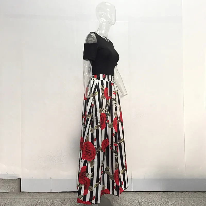 Floral Maxi Skirt Set for Women - Black Two-Piece Fashion Top with Sexy Black bottom waist size, Plus Size 5XL (J190426)