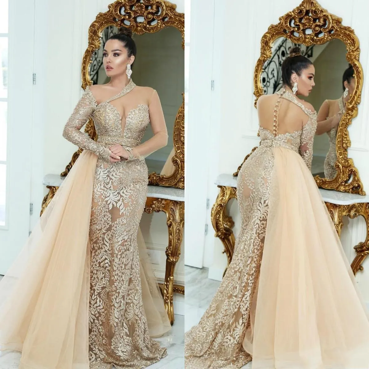 Champagne Arabic One Shoulder Lace Mermaid Evening Dresses Overkirsts Illusion Long Sleeve Prom Gowns Beaded Vestidos De Fi esta AL4752