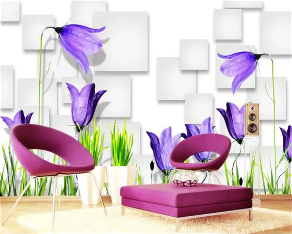 3d обои Главная Фантазия Фиолетовый Цветы 3D Box ТВ стены фон Цветочные обои для стен Promotion