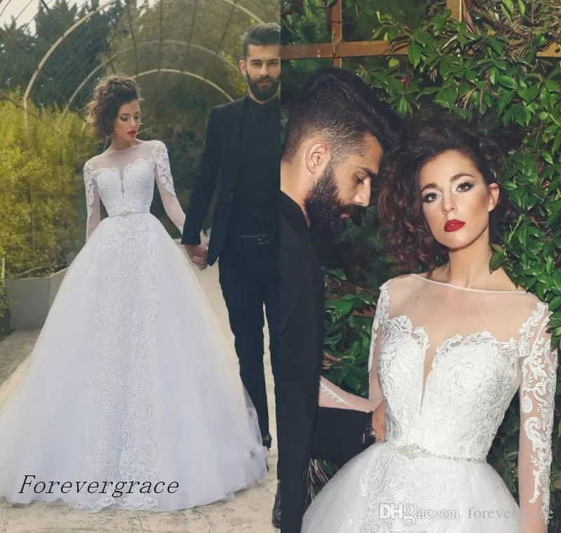 2019 Fantastic Modern Sheer Jewel Neck Wedding Dress Vintage A Line Saudi Arabic Dubai Long Sleeves Bridal Gown Custom Made Plus Size
