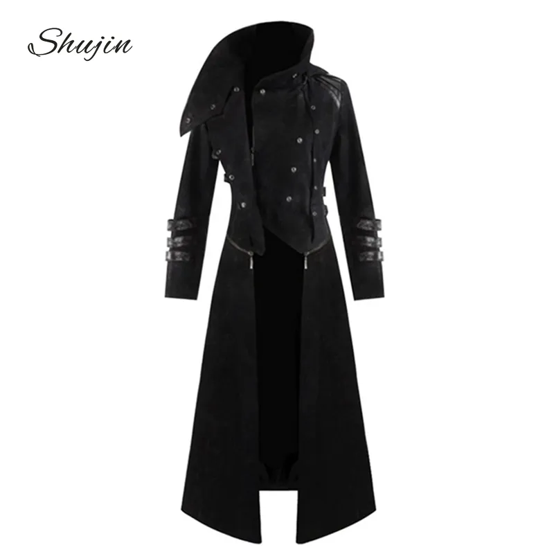 Shujin Erkek Gotik Steampunk Kapüşonlu Siper Parti Kostüm Tailcoat Uzun Kollu Ceket Moda Erkek Ceketler Mont Chaqueta Hombre