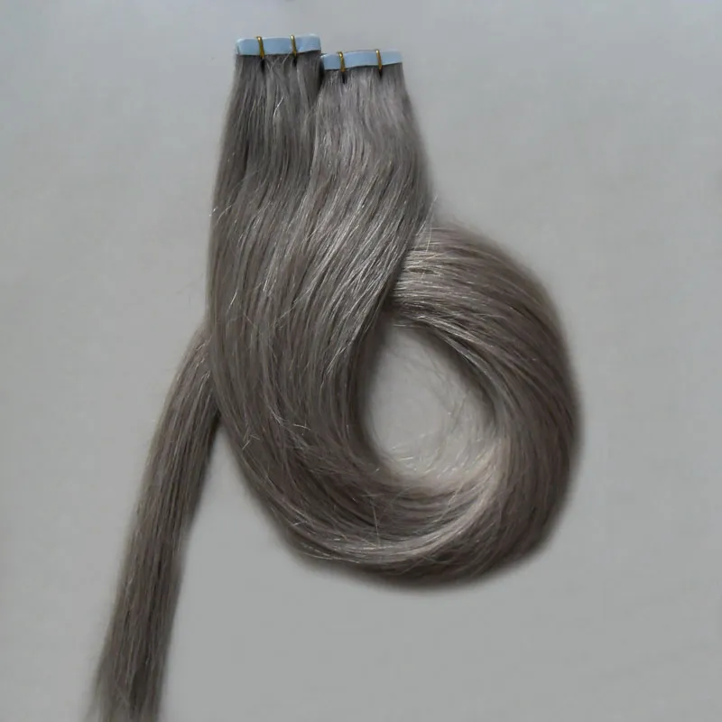 Mode silbrig grau Remy Haarverlängerungen 200 g peruanische jungfräuliche Straight Haare 80 PCs PUS -Haut Schussklebeband in menschlichem Haarverlängerungen 18 "20" 22 "