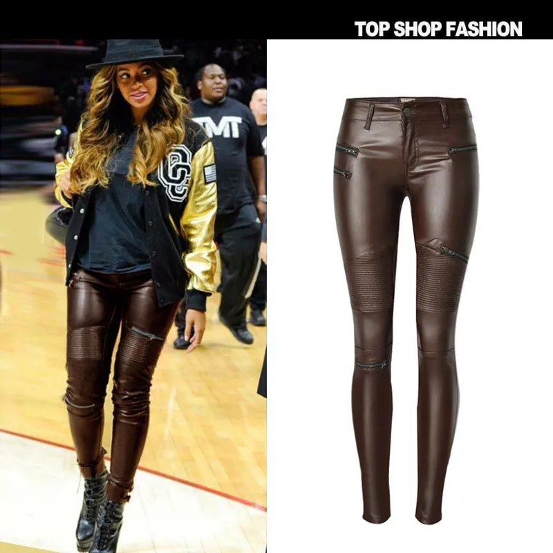 Womens Jeans Brown Coated Skinny Stretch Low Waist Pants Motorcycle Biker  Multi Zipper Punk Faux PU Leather Pencil From Clothingforchoose, $36.37 |  DHgate.Com