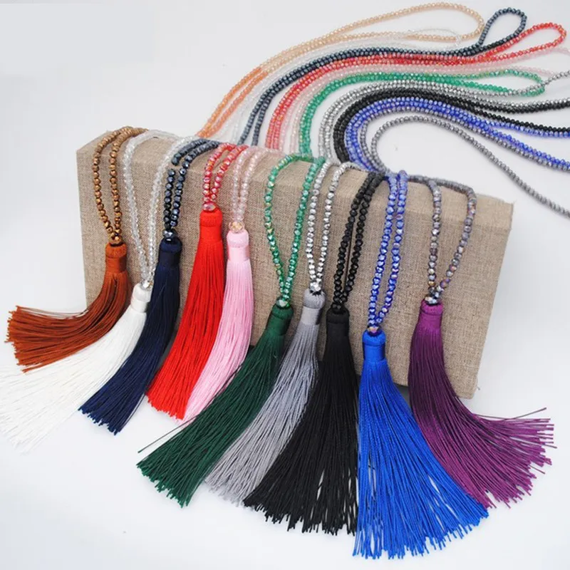 New Designer Long Tassel Pendant Necklaces High Quality Artificial Crystal Bead Chain Necklaces for Women 10 Colors