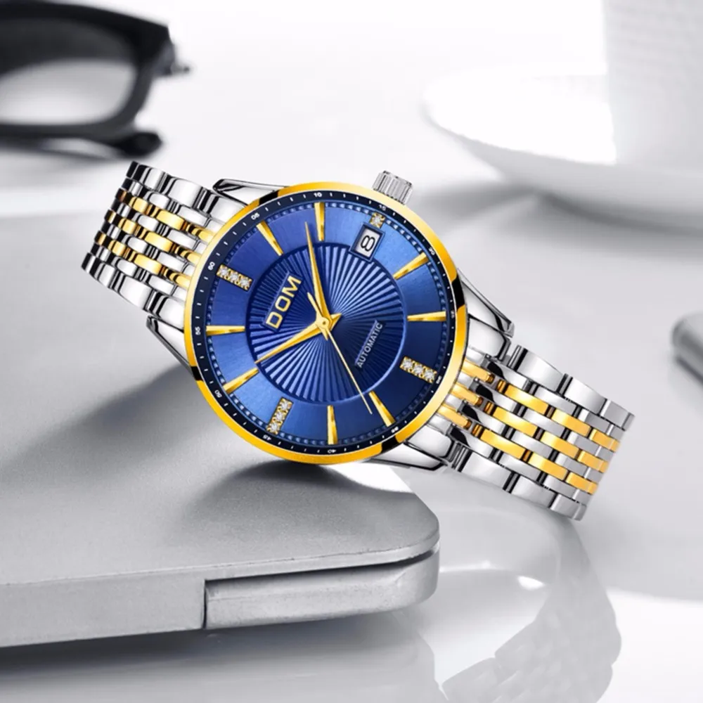 DOM Femmes Montre Mécanique De Mode En Acier Inoxydable Cadran Bleu Montre De Luxe Étanche Femme Automatique Horloge Montre Femme G-79258o