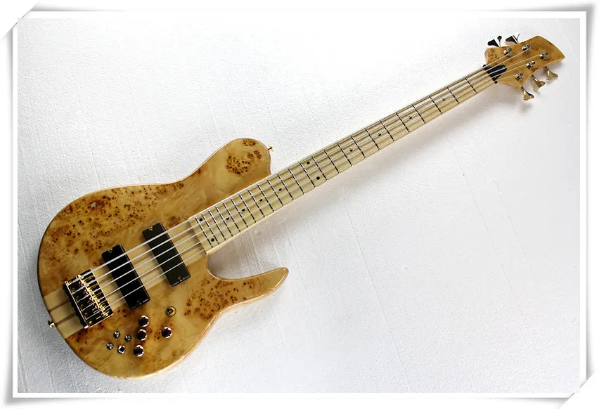 Factory Golden Hardware 5 Strings 24 Frets Neck-thru-body Electric Bass Guitar with 2 Black Pickups,Maple Fingerboard,Can be customized