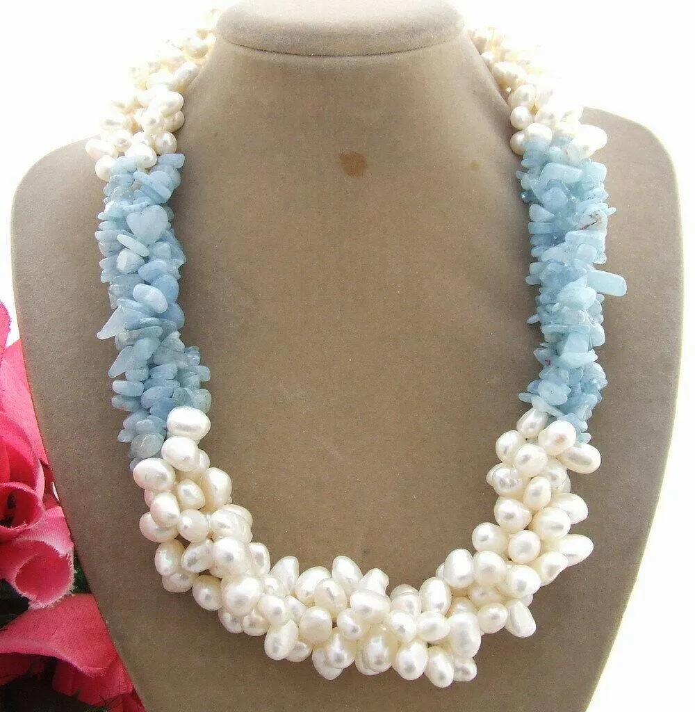 El yapımı güzel 4strands beyaz tatlısu kültür inci kabuk düğmesi çiçekler uzun 45cm necklace5-6mm aquamarine