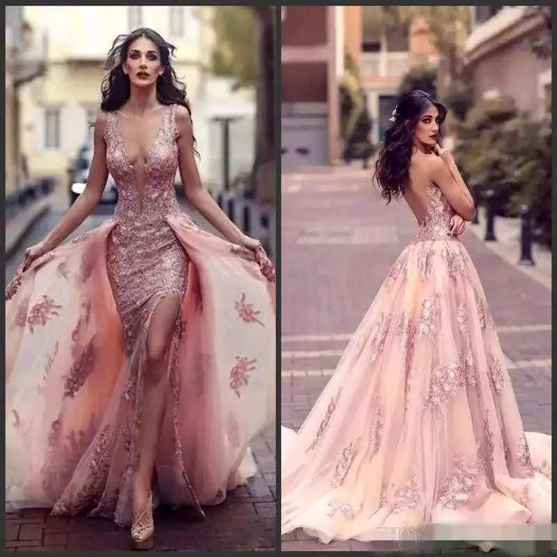 Rosa Prom Rose 2020 Vestidos com Overskirt Lantejoulas Lace Applique Sheer Neck Mergulhando Sexy Side Slit Custom Made Formal Evening Party Vestidos