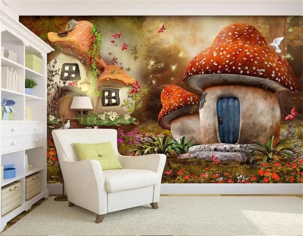 Низкая цена Обои 3d обои Сказочный гриб дом Детская комната ТВ фон украшения стены Mural Обои мультфильм