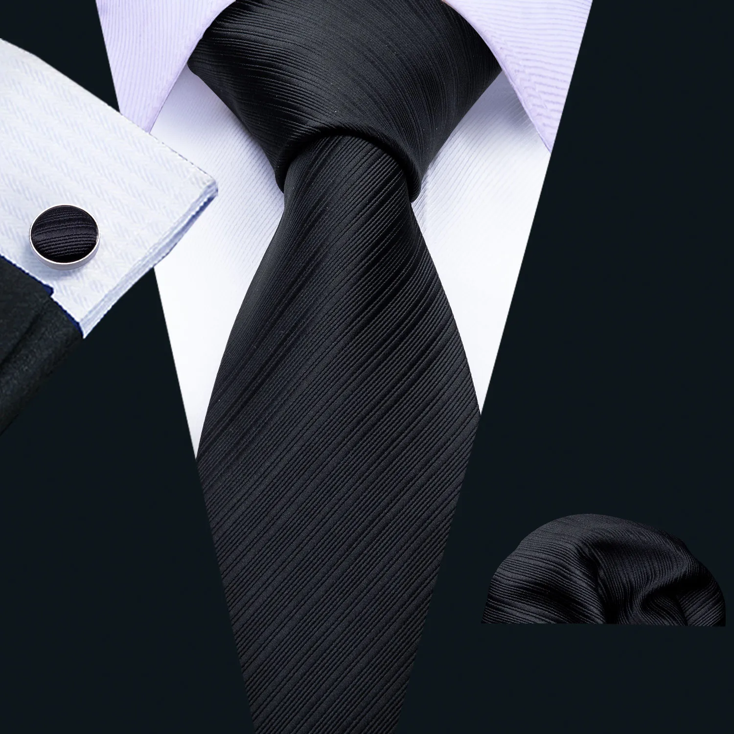 Vestibilità di seta di spedizione veloce per uomini nero solido jacquard tessuto con fazzoletto per fazzoletto e polsini all'ingrosso moda fedeling sborsing spedizione N-5089