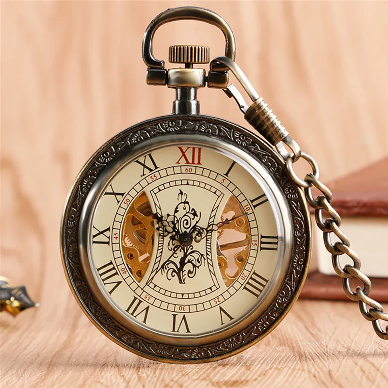 Bronzene antike mechanische Taschenuhr für Herren, Skelett-Handaufzugsuhr, Retro-Uhr mit Anhänger, Kette, römische Ziffer, Souvenir, Geschenke