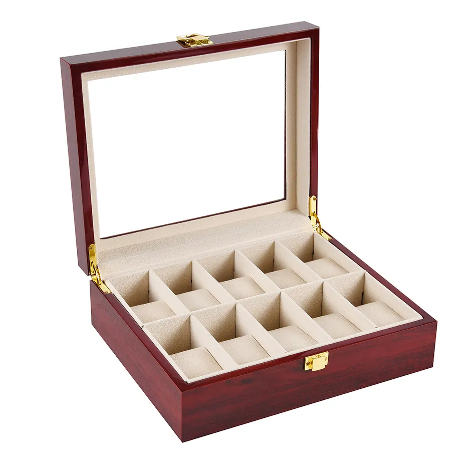 2/3/5/6/10/12 Slots Watch Box Storage With Red Black Wooden Glass Case Bracelet Display Casket Watches Holder Casket 2.