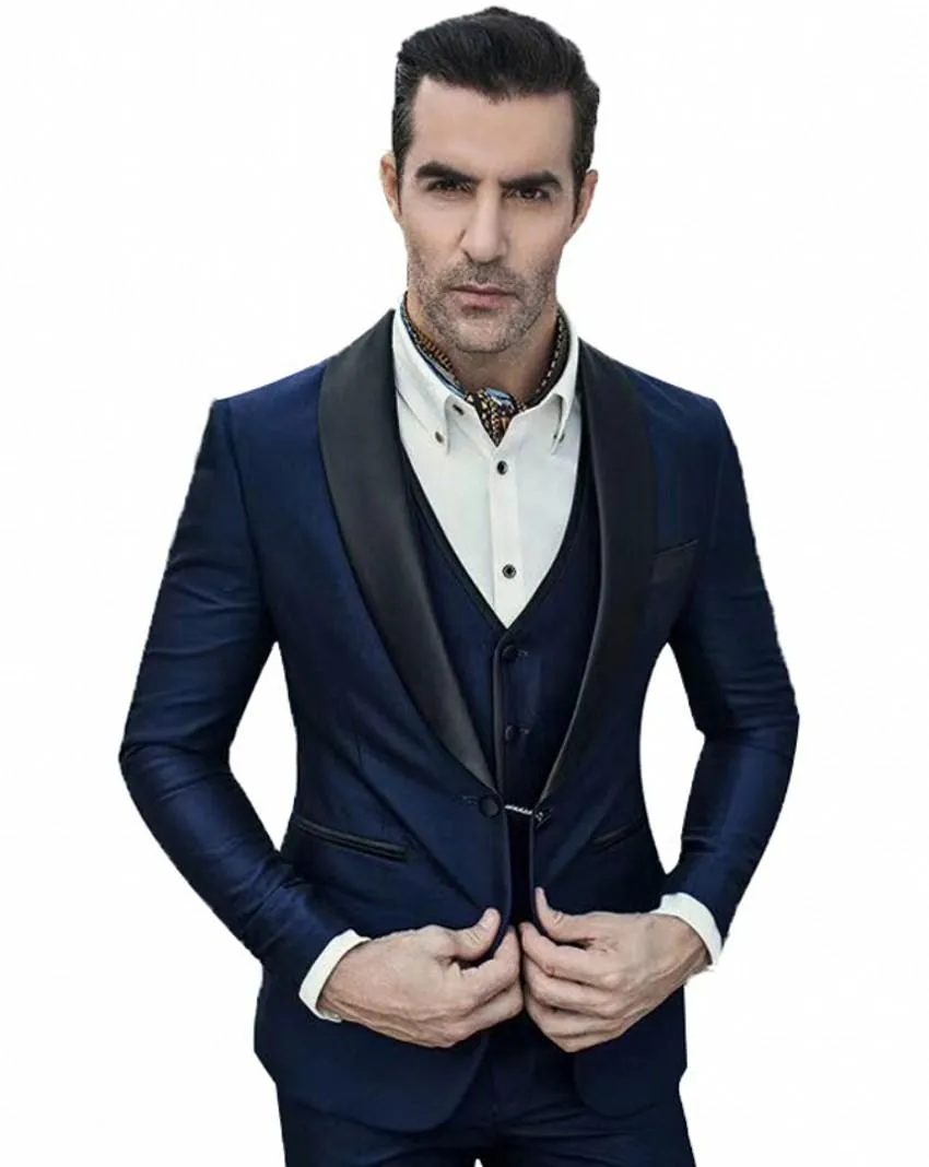 New Arrival One Button Navy Blue Wedding Groom Tuxedos Shawl Lapel Groomsmen Men Suits Prom Blazer (Jacket+Pants+Vest+Tie) W55