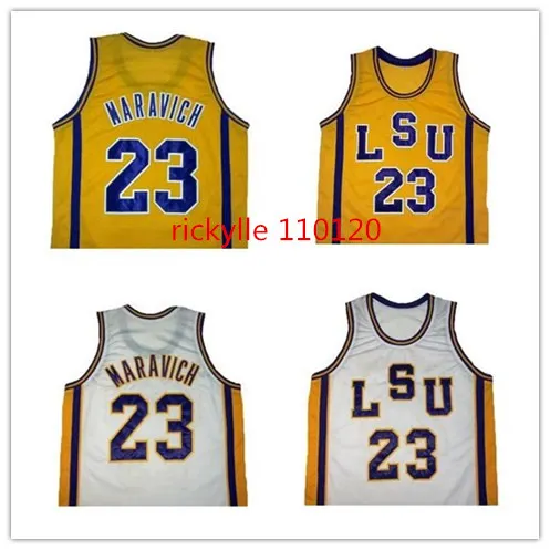 Lsu tigres faculdade jersey jersey pete 23 maravich retroceder jerseys costume bordado branco amarelo qualquer nome número tamanho s-5xl