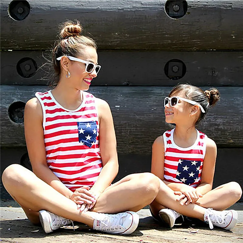 Mãe e eu camiseta Bandeira americana listrada mangas mãe-filha t-shirt americana bandeira mamãe e filha tees
