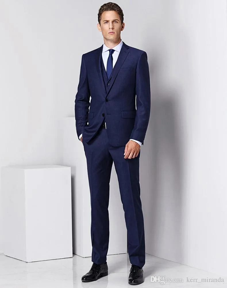 Navy Classic Men's Suit Navy Lapel Single-Breasted Men's Business Office Suit and Groom Wedding Dress Prom Suits (Coat + Pants + Vest)