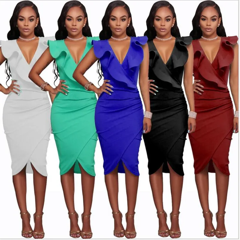 Sexy V-Neck Wzburzyć Bez Rękawów Damskie Dresses 2019 Nowe Lato Kobiety Nieregularne Midi Solidna Biała Dress Robe Vestido De Festa