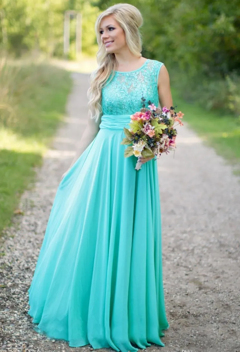 Turquoise Bridesmaids Dresses Sheer Jewel Neck Lace Top Chiffon Long Country Bridesmaid Maid Of Honor Wedding Guest Gowns