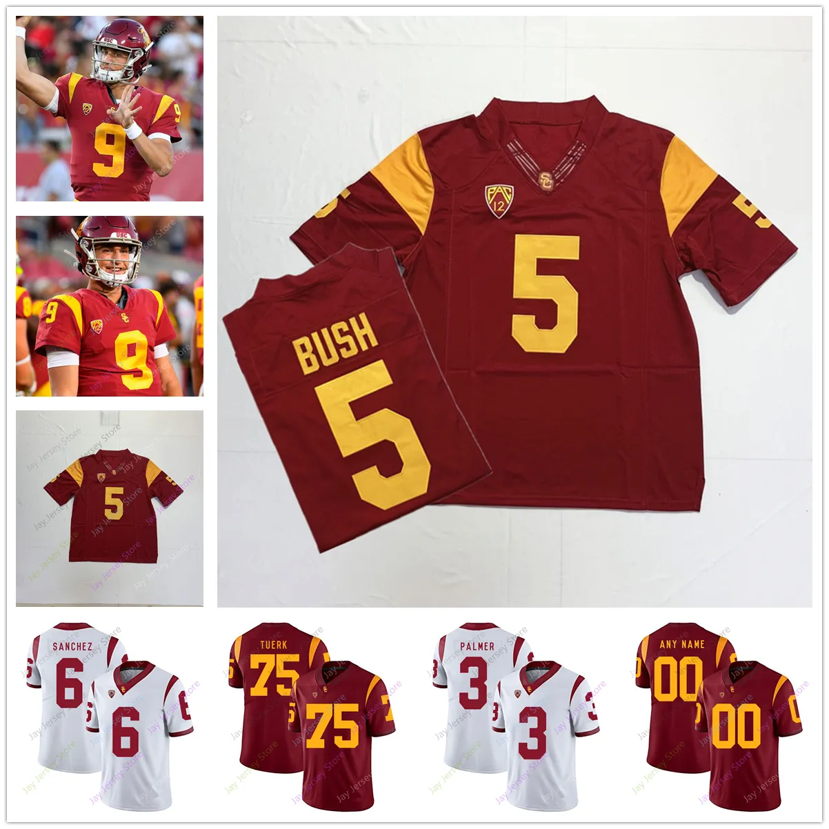 Custom USC Trojans Footbal Jersey College 33 Marcus Allen 55 Junior Seau 9 Juju Smith-Schuster 47 Clay Matthews 3 Carson Palmer