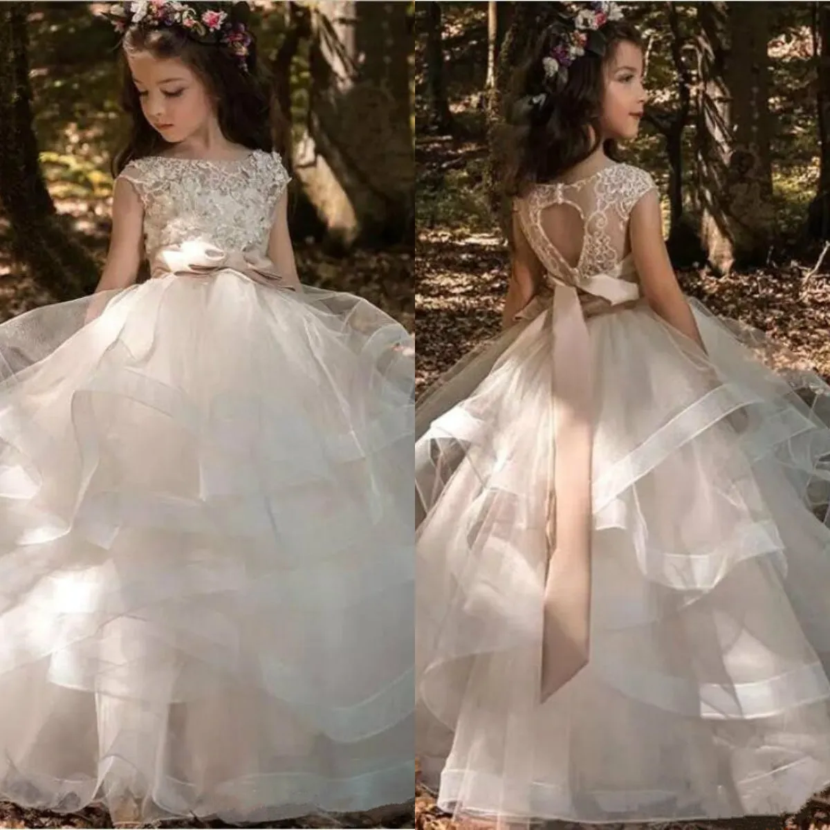 Luxury Modern Flower Girls' Dresses Cap Sleeves Tulle Ruffles Skirt Lace 3D Floral Beaded Bow Sash Kids Formal Wear Hollow Back Girls' Gowns