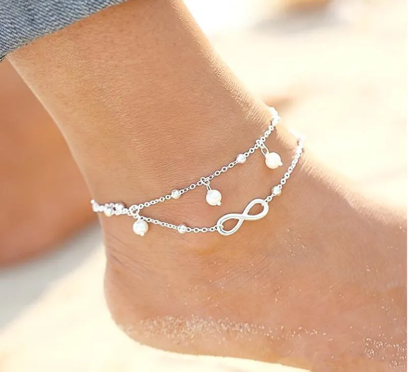 High quality Lady Double silver Plated Chain Ankle Anklet Bracelet Sexy Barefoot Sandal Beach Foot Jewelry DHL free ship